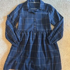 Navy Checkered Long Sleeve Dress